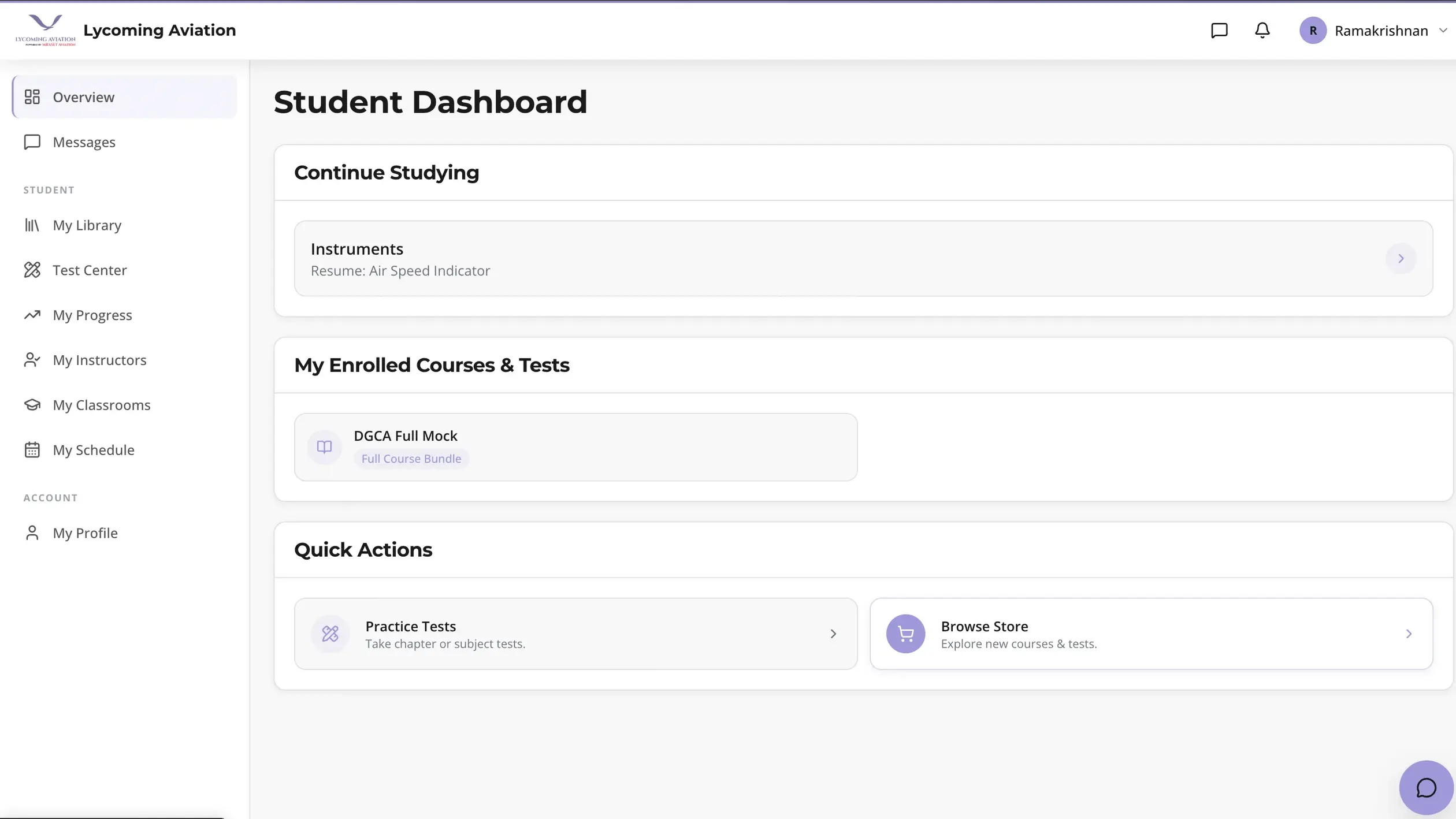 The student dashboard, showing Continue Studying, enrolled courses and quick actions