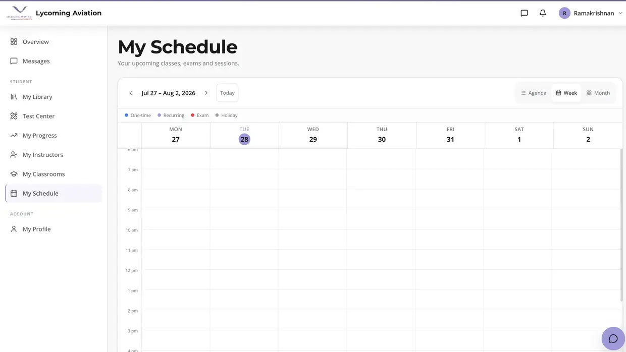 The schedule, showing a week view of classes, sessions and exam dates