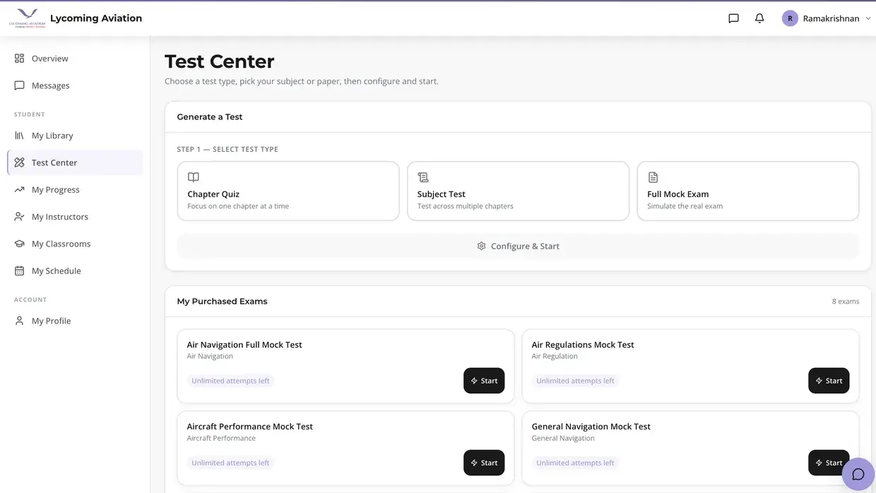 The Test Center, showing the chapter quiz, subject test and full mock options above a list of available mock exams