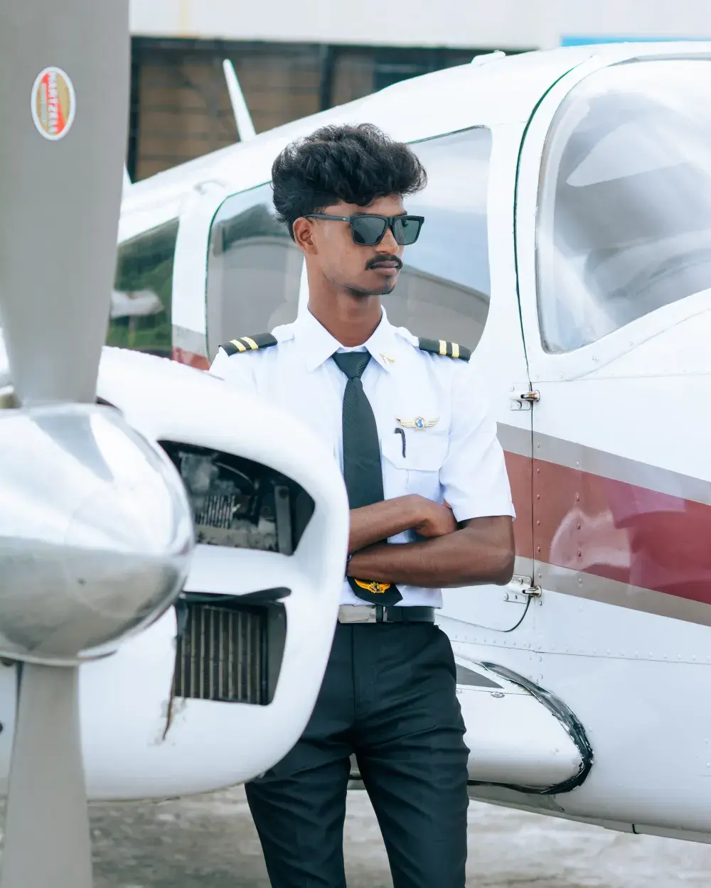 A Lycoming cadet in uniform beside a twin-engine training aircraft